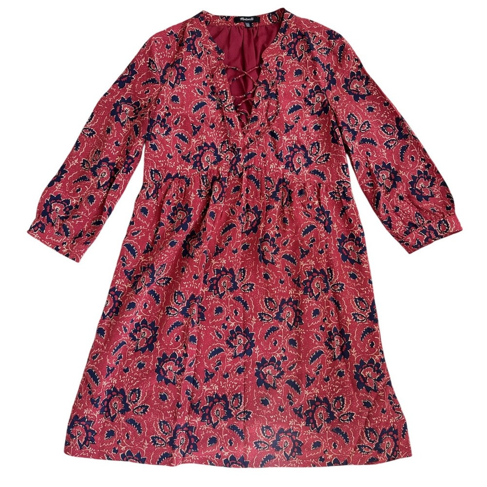 Madewell Red Floral 100% Silk Lace‎ Up V-Neck Mini Dress G3054 Womens XXS